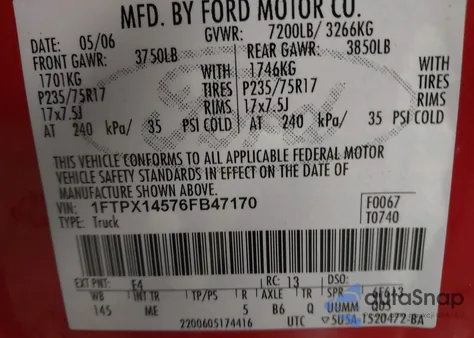 2006 Ford F-150 Fx4/Lariat/Xl/Xlt из США, поврежденный, VIN 1FTPX14576FB47170